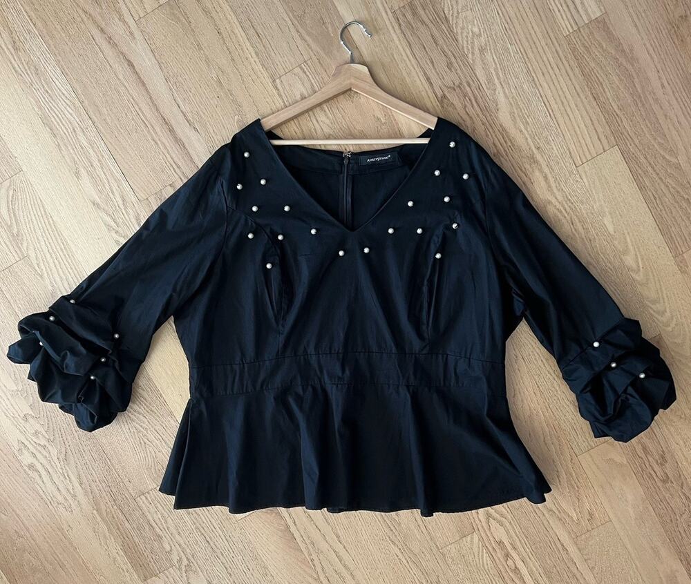 Ashley Stewart Women’s Blouse Ruffle Sleeves Pearl Embellished Black Sz 5X**